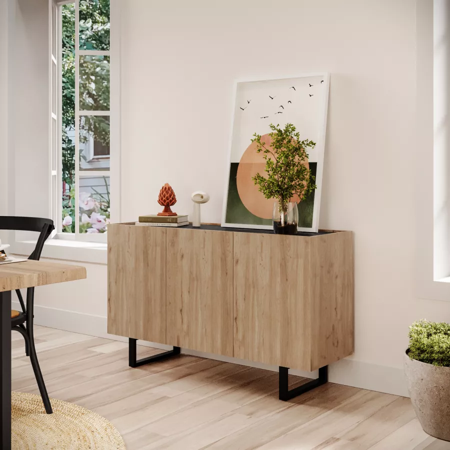 Buffet Bas 113 Cm ESTER 3 Portes Métal Noir Plateau Bois Fonce Effet Vieilli Hawkins Design Industriel 686e1a9f33409cf3cc876048