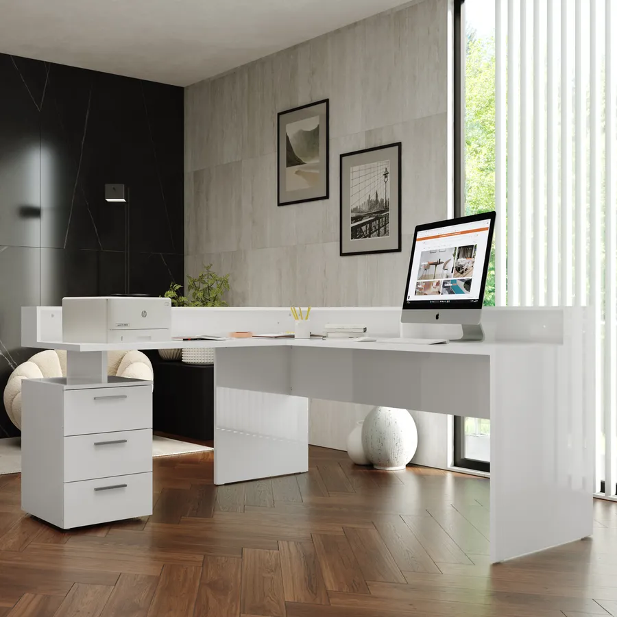 Scrivania angolare 180x160 cm in legno bianco lucido con mensola e