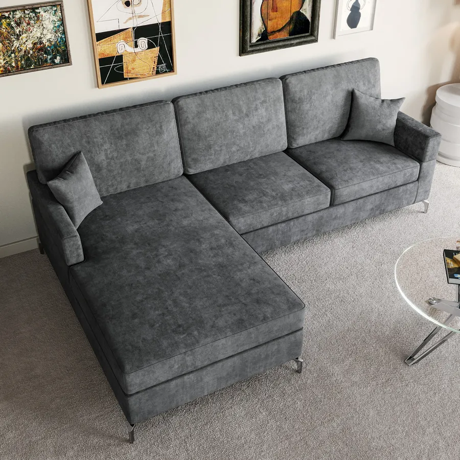 Divano angolare con chaise longue - 3 posti - tessuto in cotone e lino - Grigio antracite