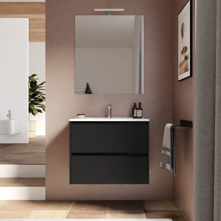 Mobile Bagno Sospeso 80cm Antracite Cannettato Con Cassetti, Specchio E Lavabo Mia