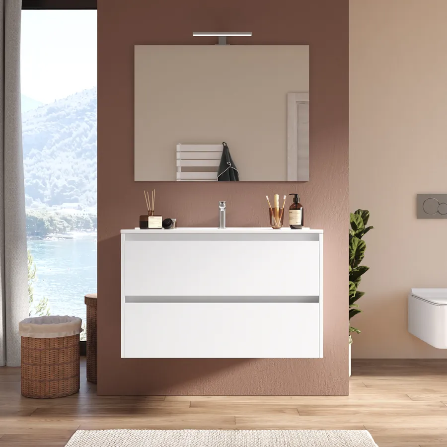 Set Mobile Bagno Lomadox 80 Cm Antracite Satinato - Con Lavabo Ceramica, Specchio LED E Armadio Alto 3 Pensili