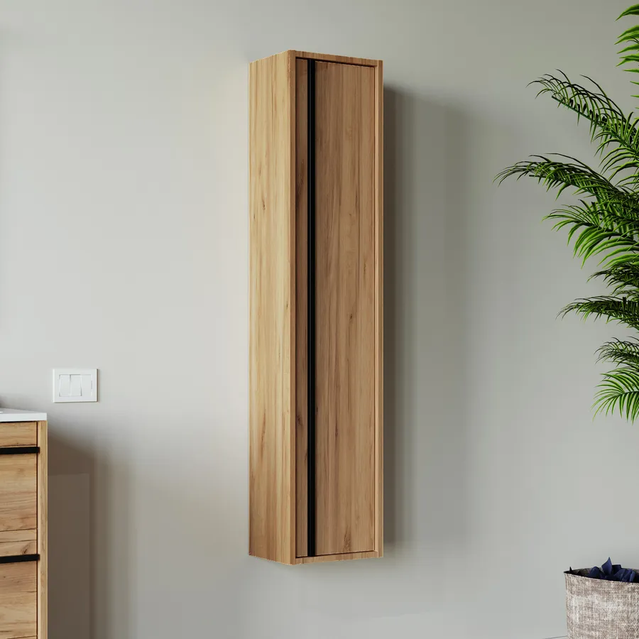 Colonna Bagno Sospesa INBAGNO GAYA – Rovere Africa, 140 Cm Altezza, 4 Ripiani Regolabili, Ante Reversibili Soft-close