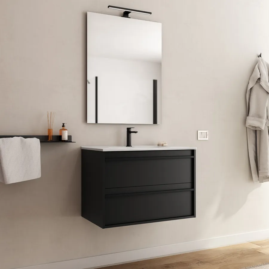 Mobile Bagno ALASKA 80 Cm Con Lavabo In Resina Nera E Specchio LED. 3 Cassetti Con Chiusura Rallentata, Produzione Europea. - 2