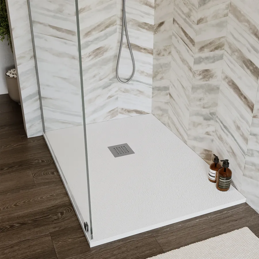 Piatto Doccia Semicircolare 80 X 80 Cm Effetto Pietra Riducibile Bianco Nalos 1