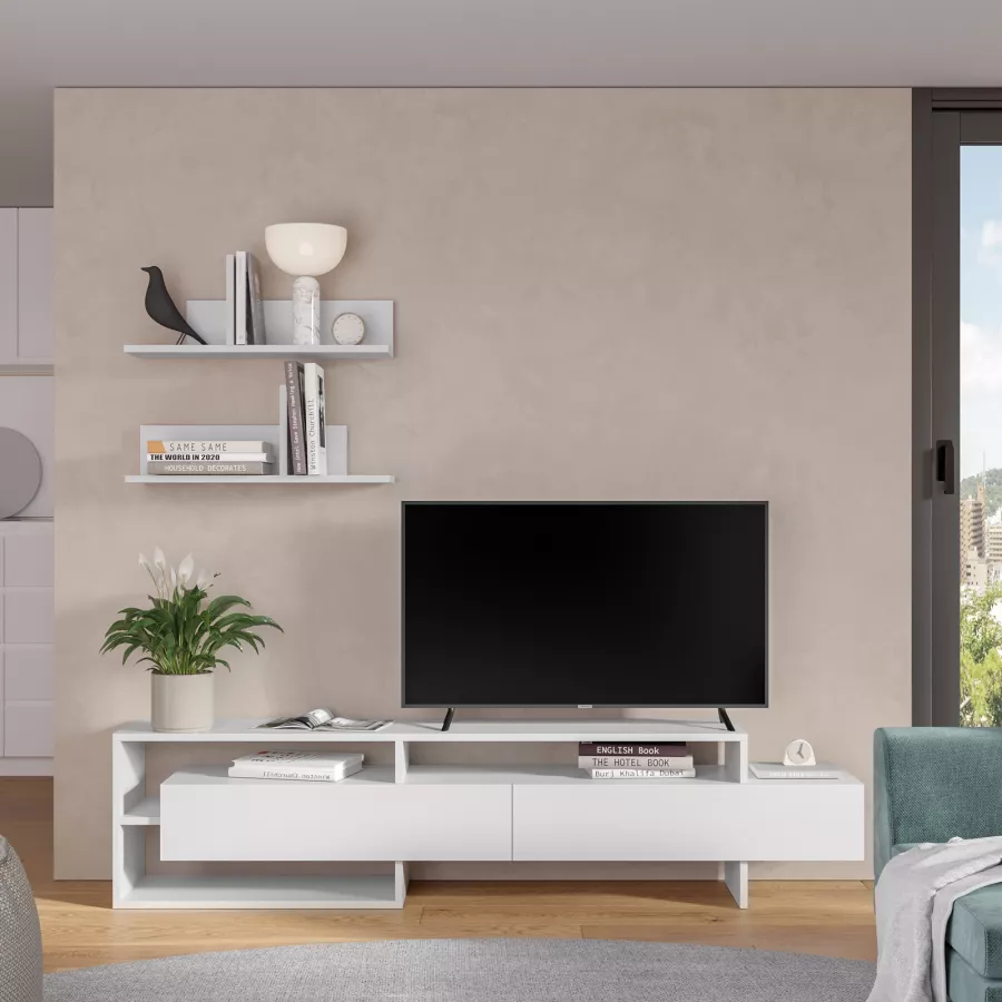 Mobile TV Da Parete Con Ante A Ribalta - Bianco, 135x31x25 Cm Per Soggiorno O Camera - Foto 6