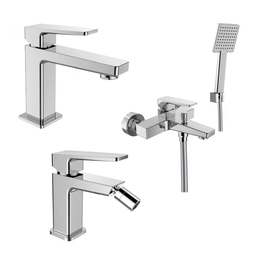 Set Miscelatore Lavabo E Bidet Con Esterno Vasca Con Set Doccino Cromo