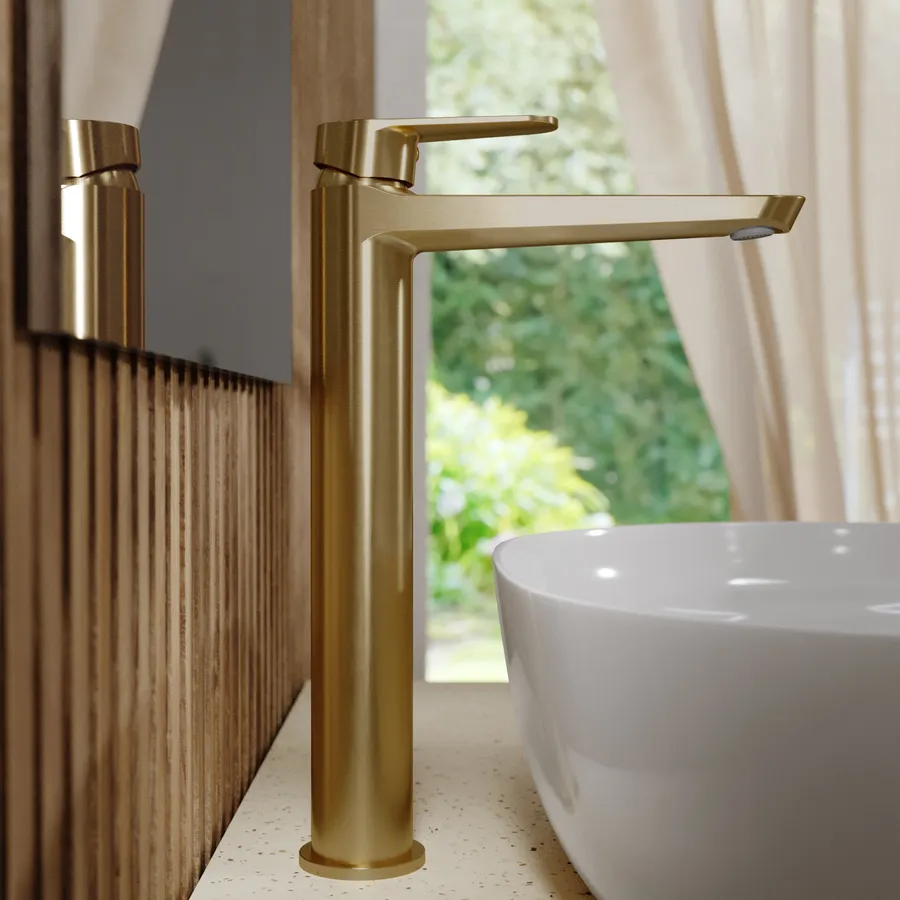 Rubinetto Lavabo Alto Oro Spazzolato - Miscelatore Monocomando Bagno In Acciaio Inox 304 Con Aeratore - Tubi Flessibili 60 Cm Inclusi - 4