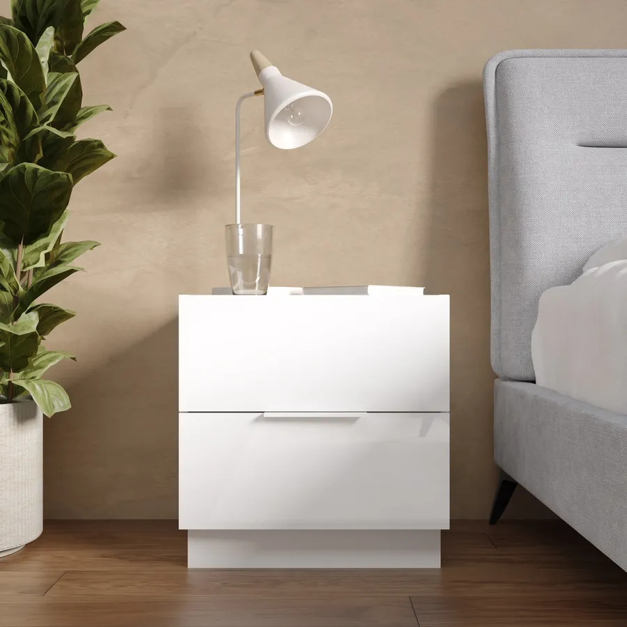 Set di 2 comodini per letto Box Spring con 3 cassetti in legno bianco morno con LED e ricarica, altezza 60 cm｜Homary