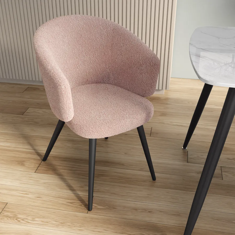 Sedia in tessuto bouclé rosa con gambe in metallo nero Lyanna