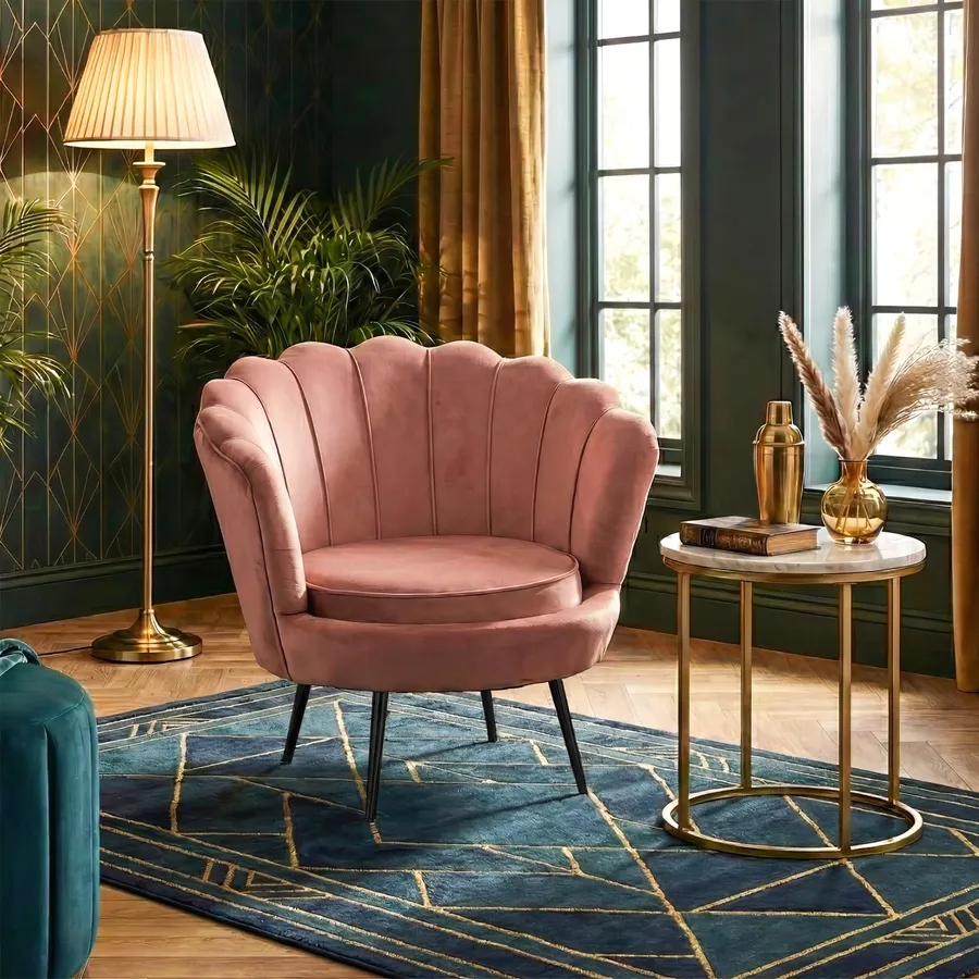 Poltrona conchiglia in velluto rosa antico con seduta imbottita e