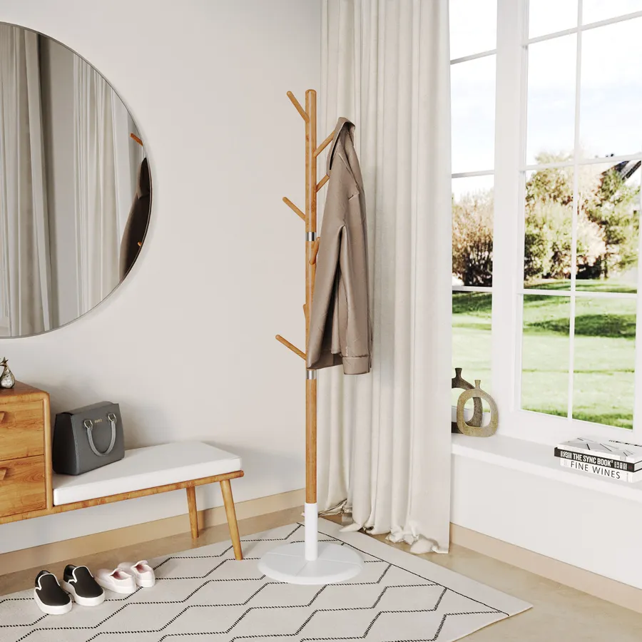 Stand Appendiabiti In Legno Di Bambù 70X33X153Cm Con Ruote 2 Ripiani - Foto 5