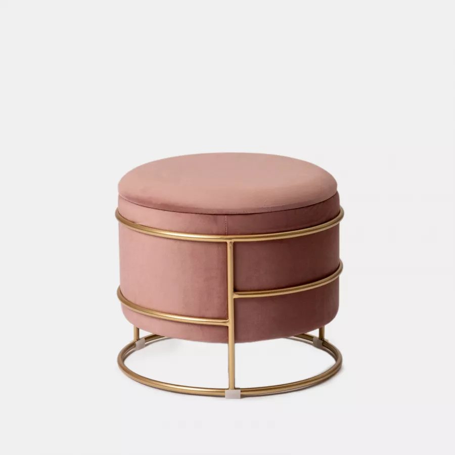 Pouf Contenitore Rotondo In Velluto Rosa - Con Base Metallo Dorato, 37x43 Cm, Per Soggiorno O Camera