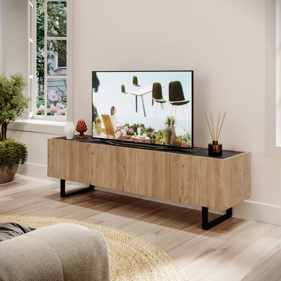 Support TV Motorisé Escamotable - Marbre Beige - Ouverture Horizontale - Neuf