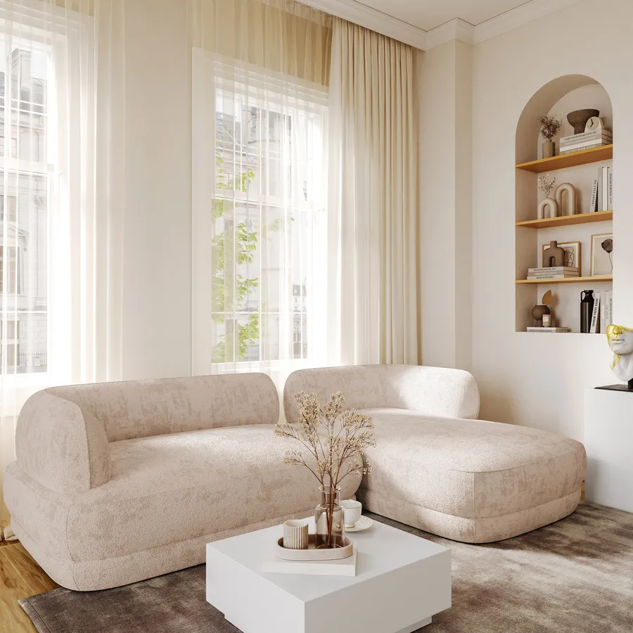 Divano posti angolare in tessuto di ciniglia beige con chaise