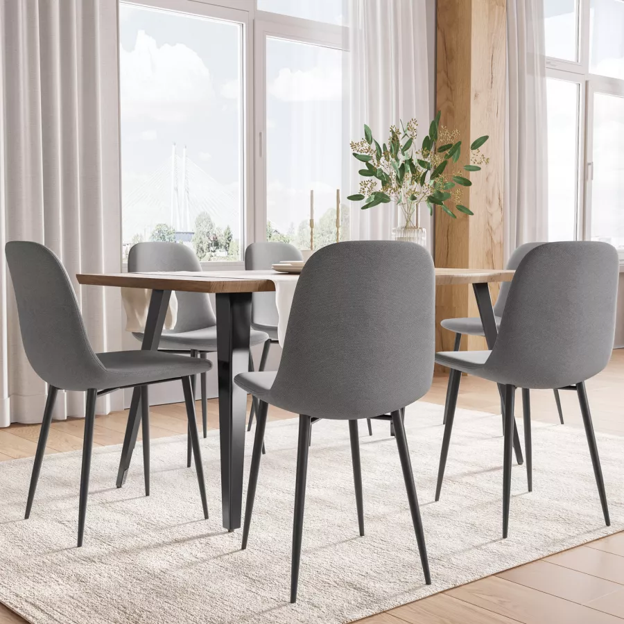 Set Da Pranzo Moderno Con 6 Sedie Imbottite In Velluto Grigio E Tavolo In MDF Bianco – Struttura In Ferro Nero, Elegante E Resistente Per Famiglia E Amici