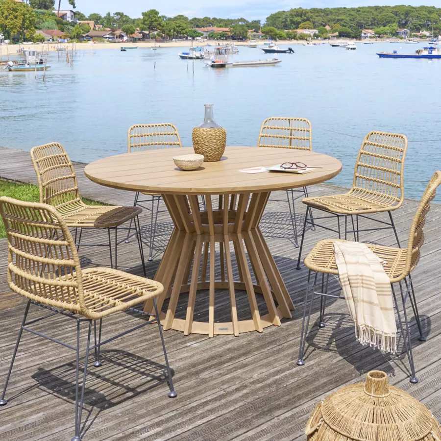 Tavolo Rotondo Esterno Legno Acacia 70cm - Piano A Listelli, Base A X, Per Giardino, 75kg