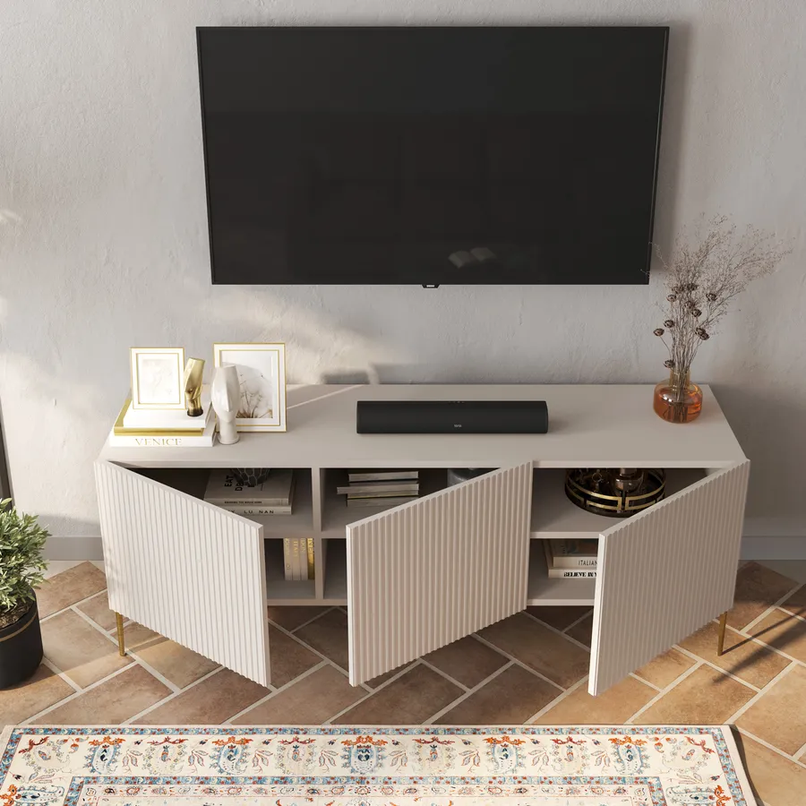 Porta tv 150x55h cm cashmere con 3 ante cannettate e piedi in