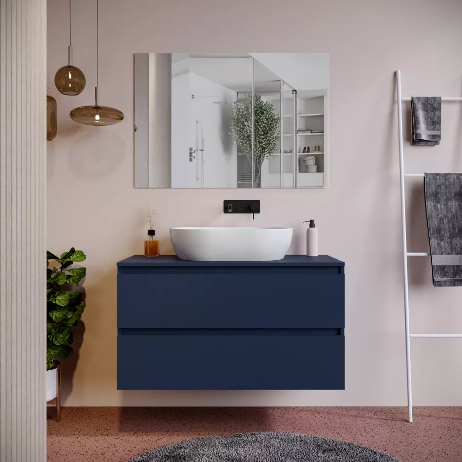 Mobile bagno sospeso 100 cm blu satinato con top 1,6 cm e specchio - Anami