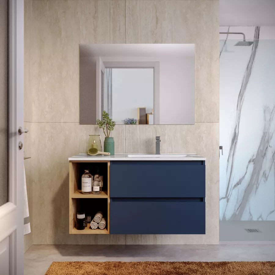 Mobile bagno sospeso 100 cm blu satinato con vano a giorno rovere ...