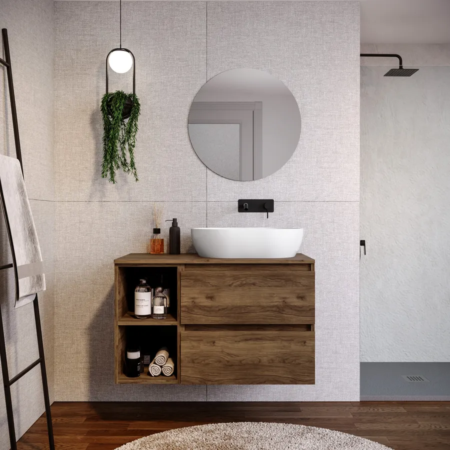 Mobile Bagno Sospeso Kiamami Valentina 80 Cm, 2 Cassetti, Vano A Giorno, Top E Specchio Con Lampada, Stile Nizza
