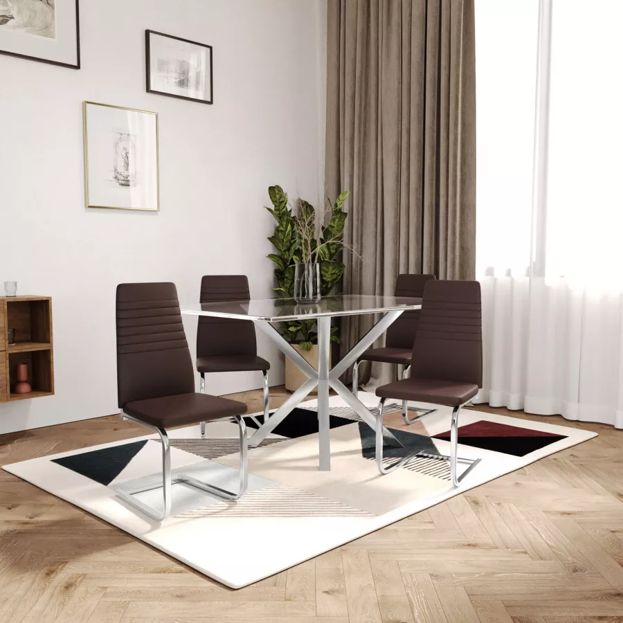 Set Di 4 Sedie Da Pranzo In Similpelle Beige - Schienale Alto, Gambe In Metallo