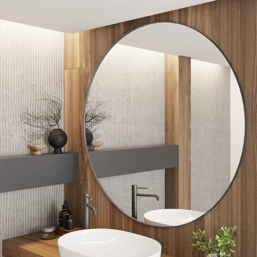 Specchio Da Parete Per Bagno – Rettangolare, Cornice In Metallo Nero Spazzolato, Vetro Temperato 4 Mm, Angoli Arrotondati – Antiruggine, Installazione Orizzontale/Verticale