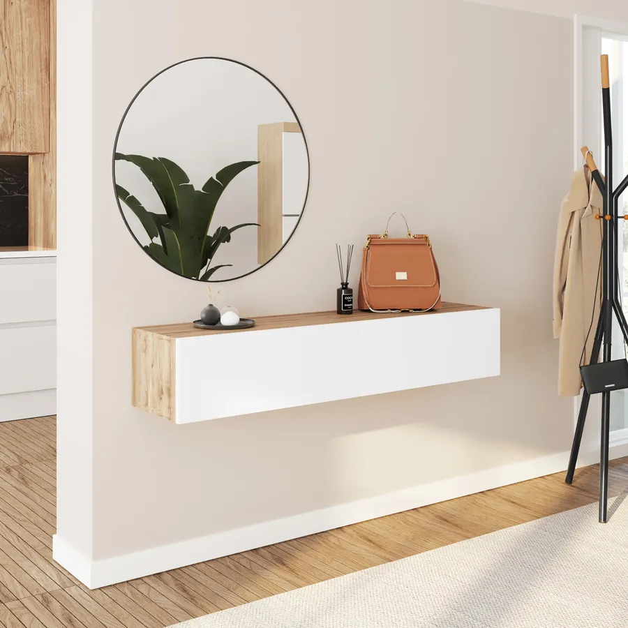 Consolle sospesa 135x25h cm effetto rovere con 2 ante bianco opaco e ...