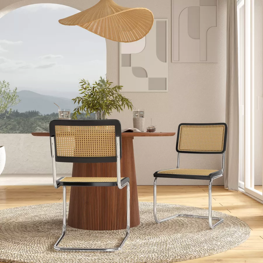 Set 2 sedie effetto rattan con struttura in legno nero e gambe cromo ...