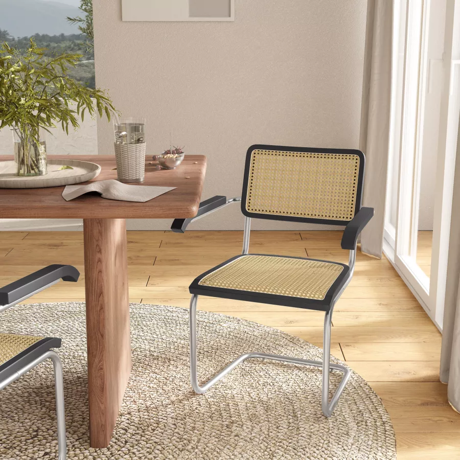 Set Di 2 Sedie Da Pranzo In Rattan E Metallo – Design Moderno Per Cucina, Soggiorno O Balcone – Nero