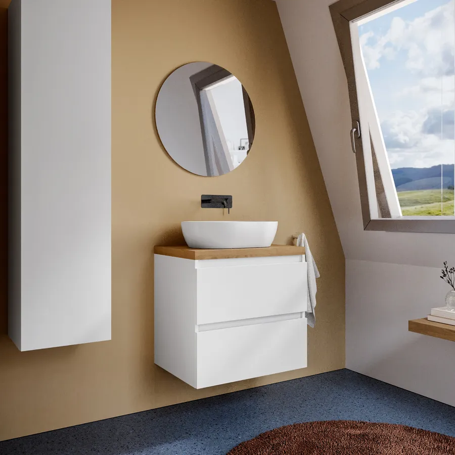 Mobile Bagno Sospento 4 Ante In Rovere Naturale Con Top Bianco, 2 Lavabi E Specchio Led - Valentina