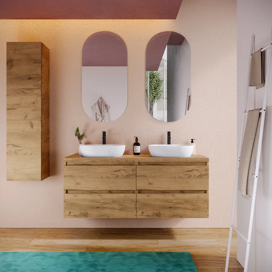 Mobile Bagno Sospeso Moderno 100 Cm Rovere Tabacco Con Lavabo Ceramica Specchio Retroilluminato E Colonna Mod Berlino - Foto 5