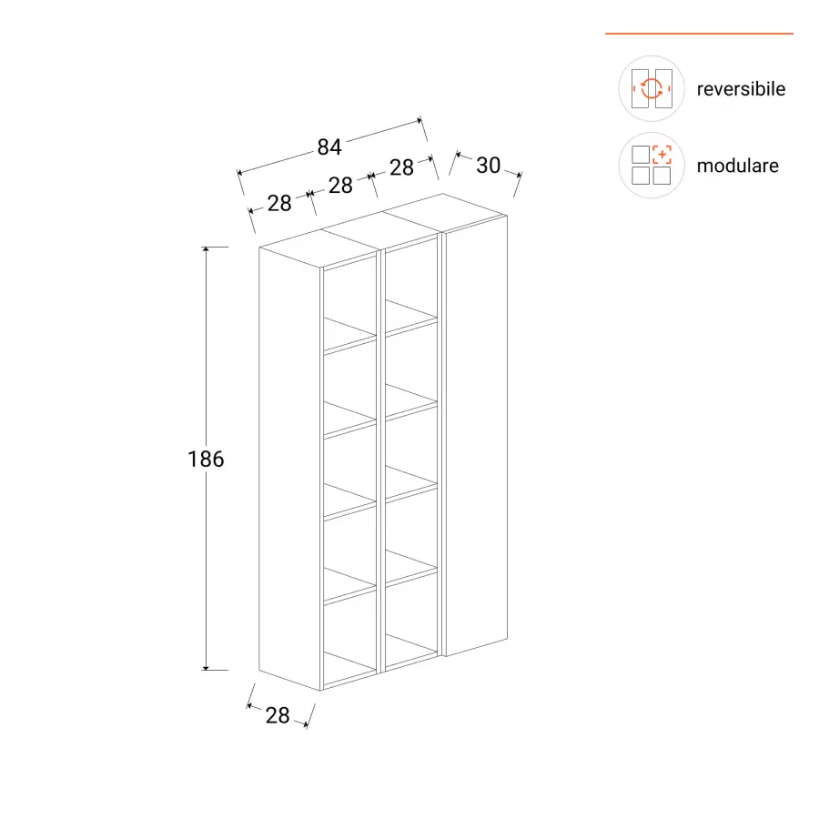 Libreria 84x186h cm 3 elementi cashmere con vani a giorno e anta