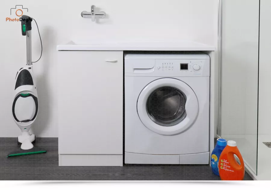 Mobile coprilavatrice bianco opaco 110x60 cm per lavatrice lato destro con  cesto porta biancheria