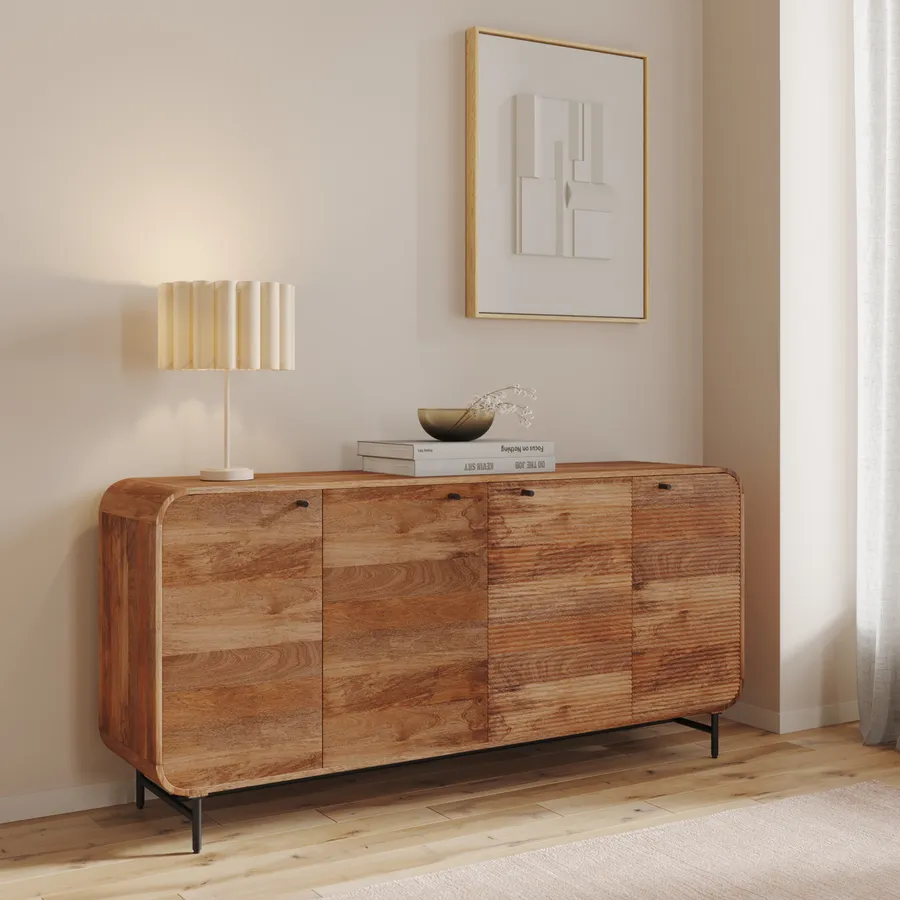 Credenza FineBuy In Legno Massello Di Mango E Pietra – Due Ante, 80x75x35 Cm – Design Moderno Per Soggiorno E Ingresso - 5