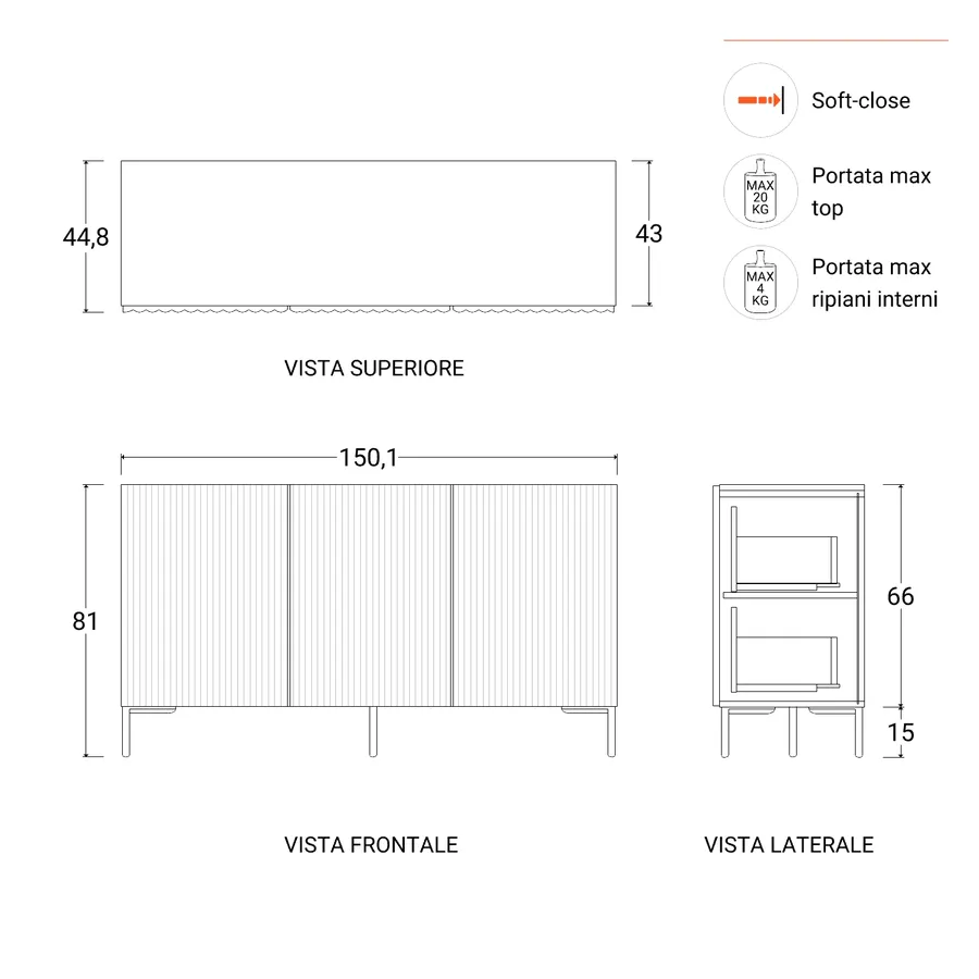 Madia 150x81h cm top effetto rovere e bianco cannettato ad onda e