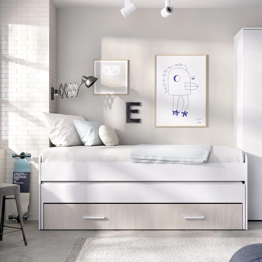 Letto singolo 90x190 bianco ed effetto rovere cannettato con letto ...