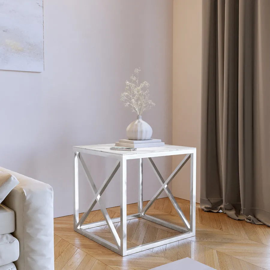 Tavolino Moderno Con Piano In Finto Marmo Bianco E Gambe Incrociate In Metallo. Dimensioni 50x50x55cm. Ideale Come Comodino O Da Divano Per Soggiorno E Ufficio.