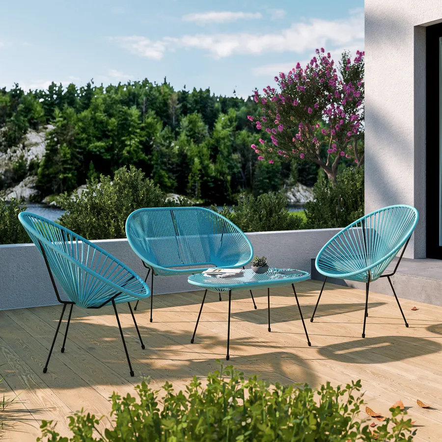 Divano da giardino in metallo nero rivestito in corda azzurro