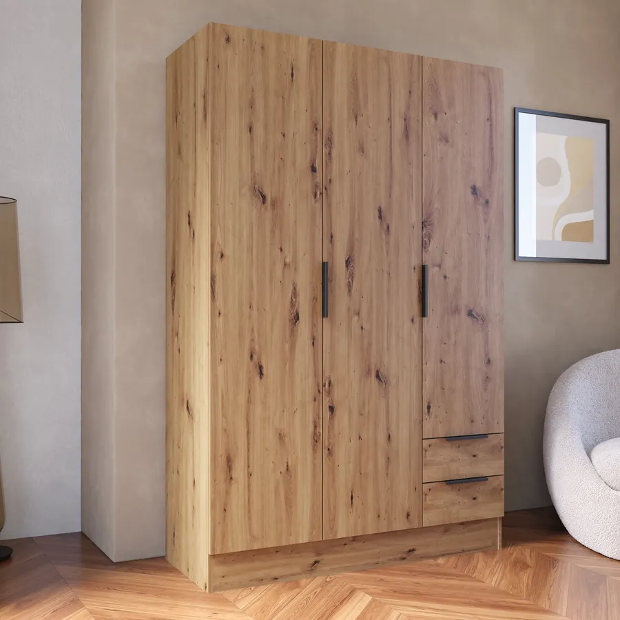 Armadio Forte NIKO 120 130 3 Ante Con 2 Cassetti - Scandinavo, Rovere Sonoma, 123x185x53 Cm