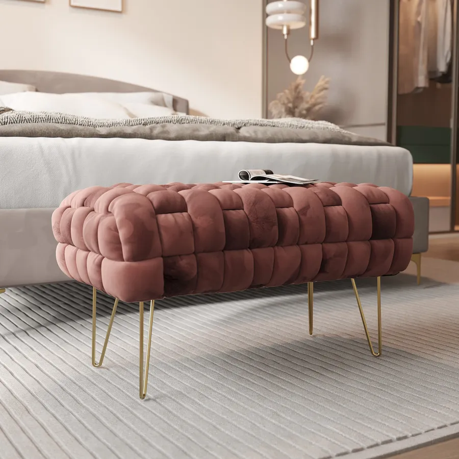 Panca 77x43h cm in velluto intrecciato rosa antico con gambe in