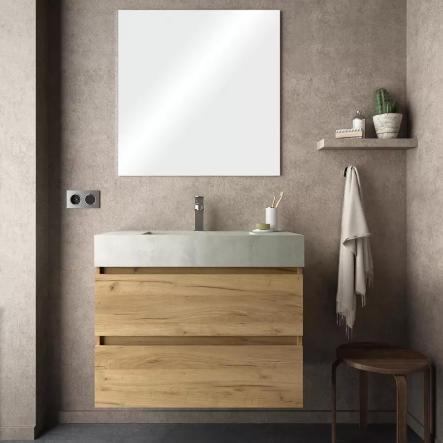 Mobile Bagno Sospeso Cm Rovere Africa E Lavabo Effetto Cemento Con Specchio Jalama