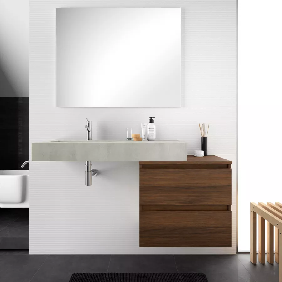 Mobile Bagno Sospeso Cm Con Top Noce Maya E Lavabo Effetto Cemento Sx Con Specchio Jalama