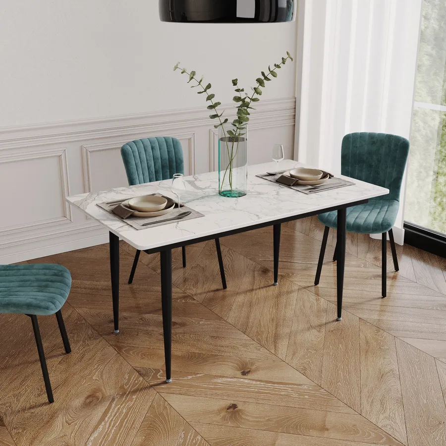 tavolo da pranzo moderno allungabile base antracite in metallo e piano in pietra effetto marmo chiuso L 160cm – Beautiful