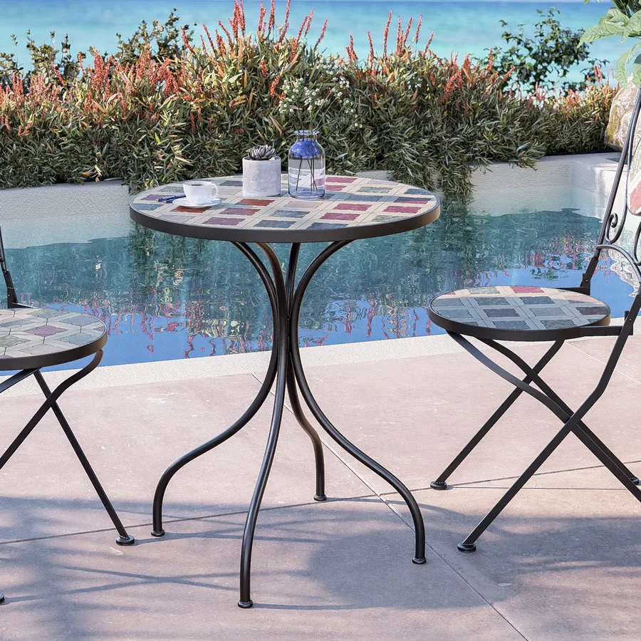 Tavolo Rotondo Mosaico GIANTEX Per Esterno/Interno - Metallo Resistente, Gambe Antiscivolo, Capacità 50 Kg, Diametro 60 Cm