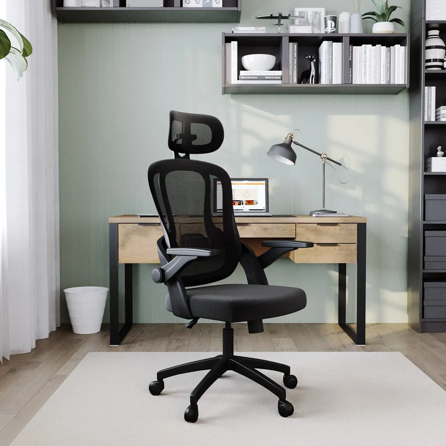 HJH Office 760008 Sedia da lavoro TOP WORK 108 in rete nera Sedia da banco ergonomica con poggiapiedi ad anello