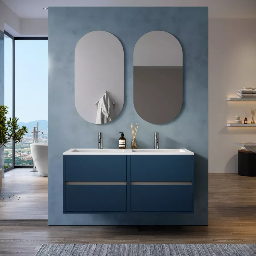 Mobile Bagno Sospeso Cm Con Cassetti Blu Esotico Opaco E Lavabo Con Doppia Vasca E Specchi