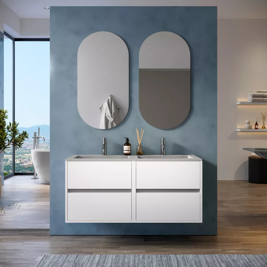 Mobile Bagno EOS 80 Cm Doppio Cassetto Cannettato Con Lavabo, Specchio E Lampada LED – Bianco Opaco, MaMa Store