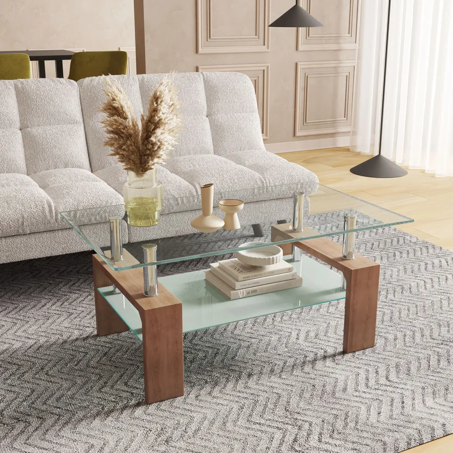 Tavolino Da Salotto In Vetro E MDF Noce, Design Mid-Century, 41 X 21 X 17 Cm, 2 Ripiani, Gambe Coniche In Metallo