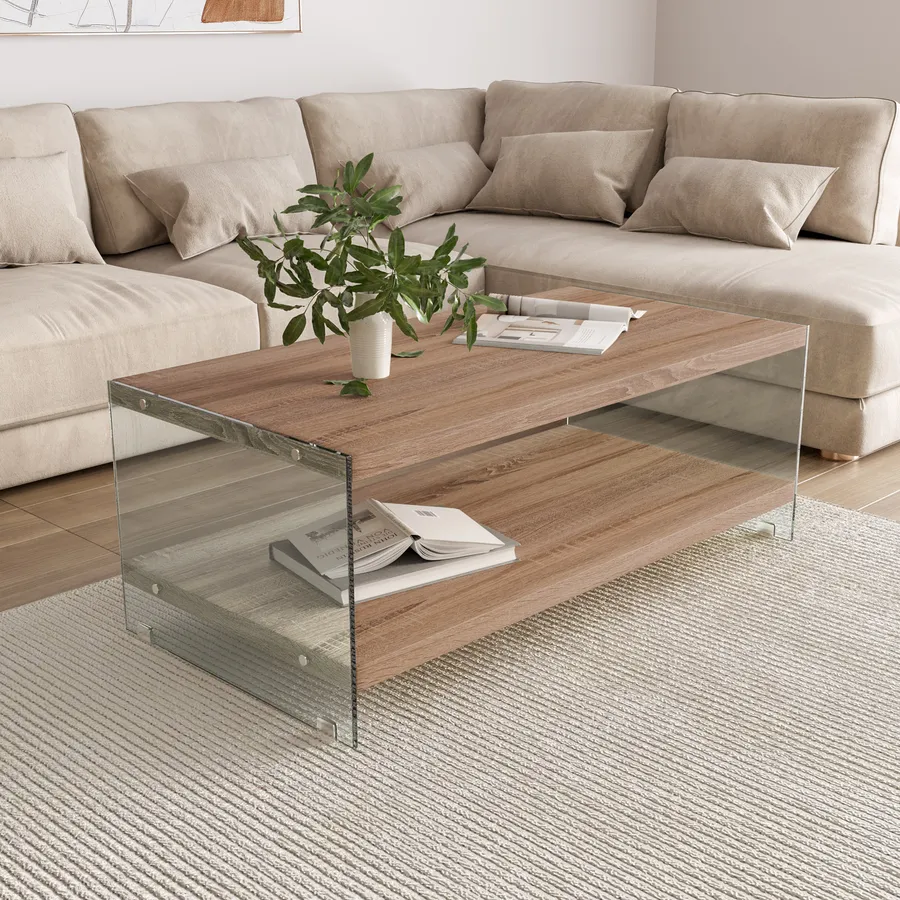 Tavolino Da Divano In Vetro E MDF Noce, Design Mid-Century, 41x21x17 Cm, 2 Ripiani, Gambe Metalliche Coniche - 2