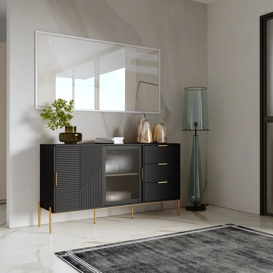 Madia Benny Con 2 Ante E 2 Cassetti - Nero Opaco/Grigio Cemento, 79x74x36 Cm, Mobile Moderno